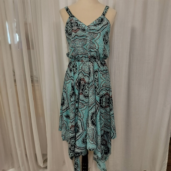 2/$30 H&M Turquoise Cottage Sundress Sz 10 Handkerchief Hem Boho Tribal‎ - Picture 1 of 15
